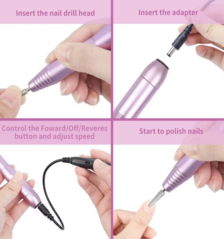 Four step guide to use the compact nail drill