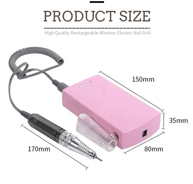 Complete nail drill kit dimensions showing 150mm x 80mm x 35mm control box and 170mm handpiece