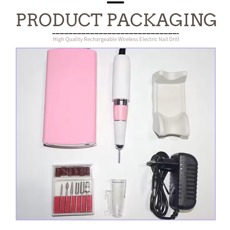 Quiet Brushless Nail Polisher packaging includes handpiece, pink control box, bits, and power adapter