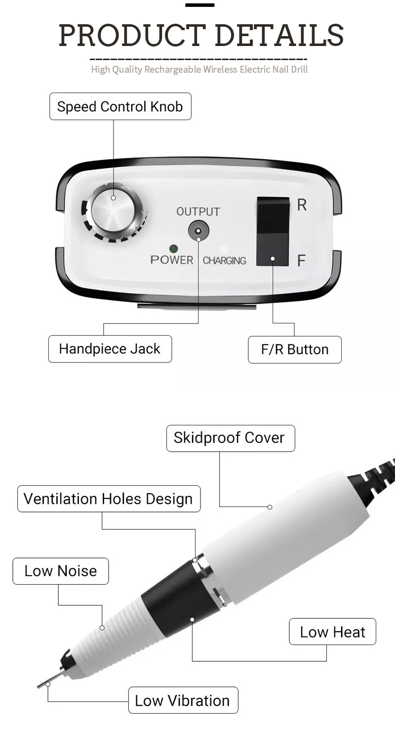 Quiet Brushless Nail Polisher details showing speed control knob, ventilation holes, and low heat handpiece