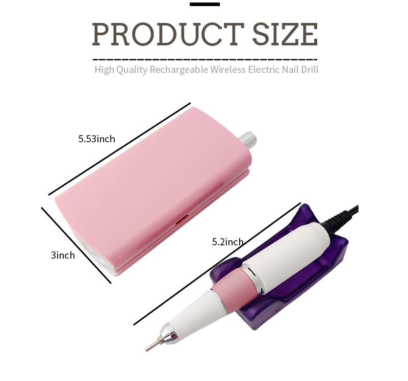 Quiet Brushless Nail Polisher dimensions showing 5.53 inch control box and 5.2 inch handpiece