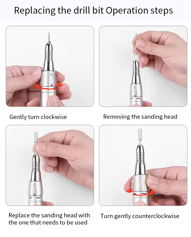 Replacing the drill bit operation steps showing how to turn clockwise, remove, replace, and tighten counterclockwise
