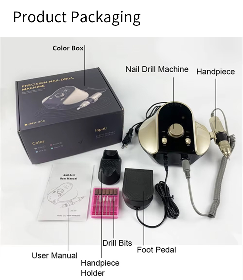 Product packaging contents: color box, nail drill machine, handpiece, foot pedal, drill bits, handpiece holder, and user manual