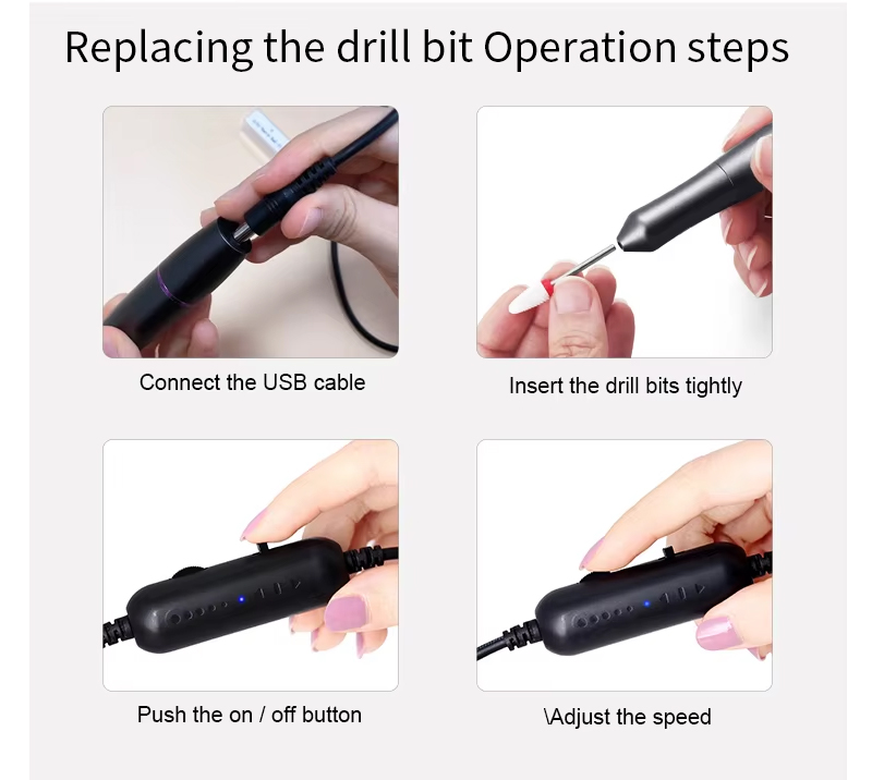 Replacing the drill bit operation steps showing how to connect USB, insert bit, power on, and adjust speed