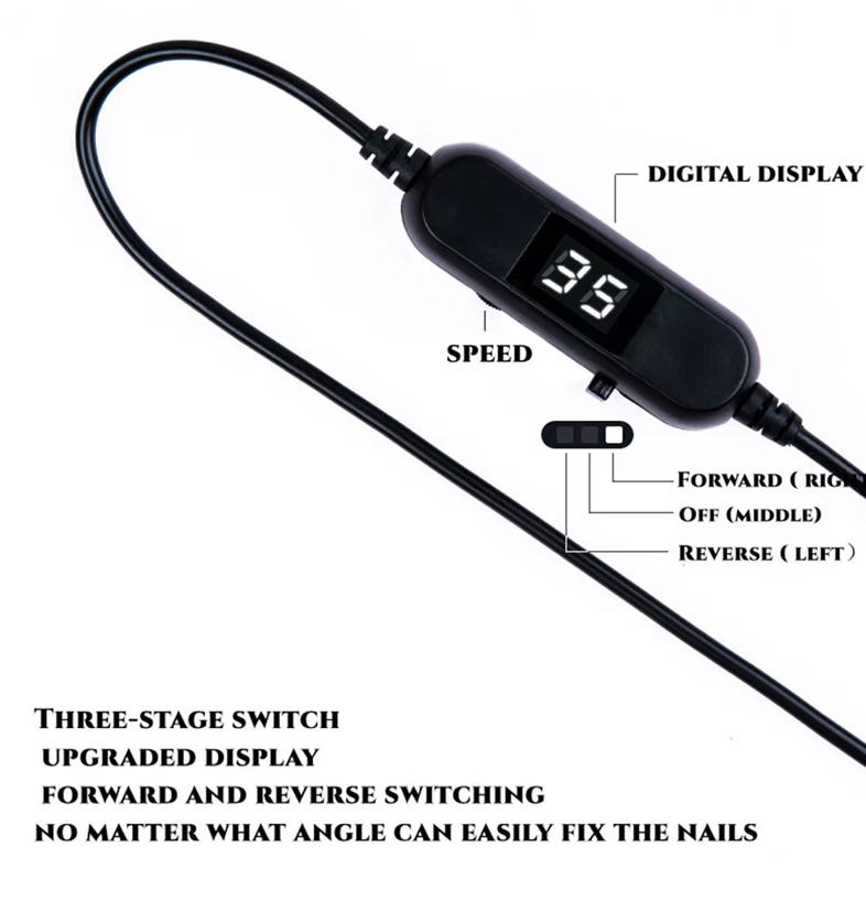 Inline controller with digital display, speed dial, and three-stage forward/off/reverse switch