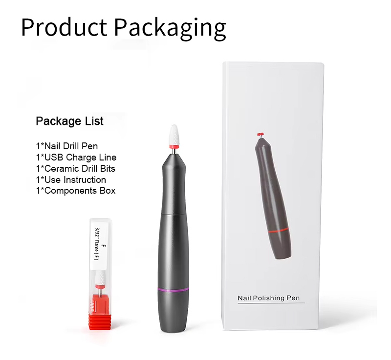 Product packaging contents: Nail Drill Pen, USB Charge Line, Ceramic Drill Bit, User Instruction, Components Box