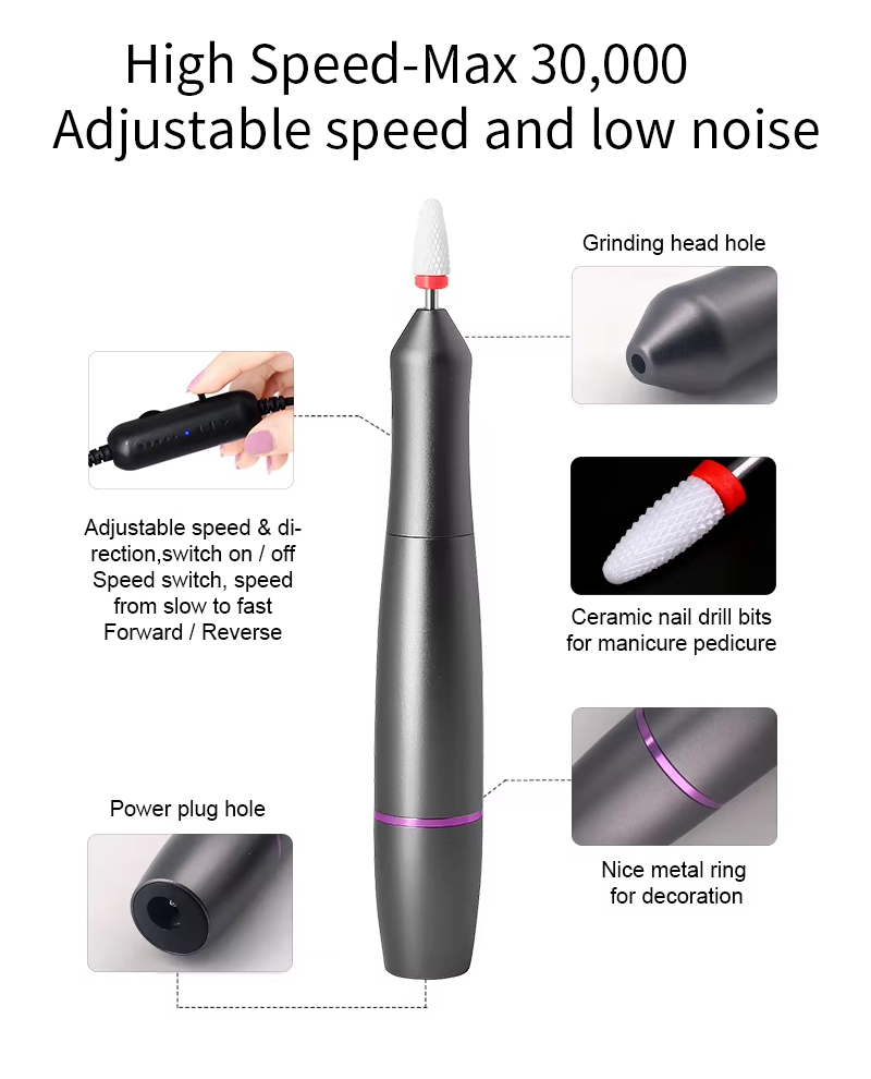 Handheld Nail Drill details including grinding head hole, ceramic drill bit, and metal ring