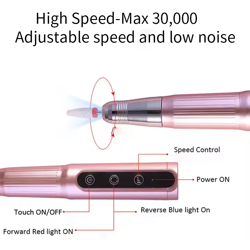 High speed max 30,000 RPM adjustable speed control panel showing Touch ON/OFF, Forward Red light, Reverse Blue light, and Power ON
