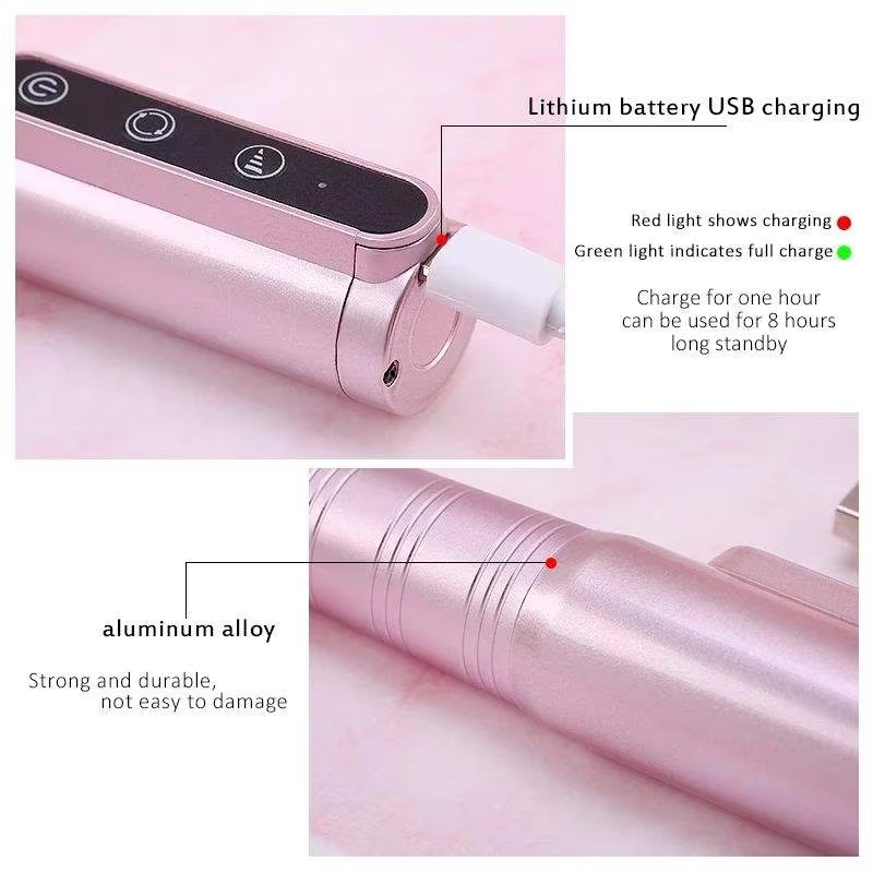 Lithium battery USB charging showing red charging light and green full charge light, alongside strong and durable aluminum alloy body