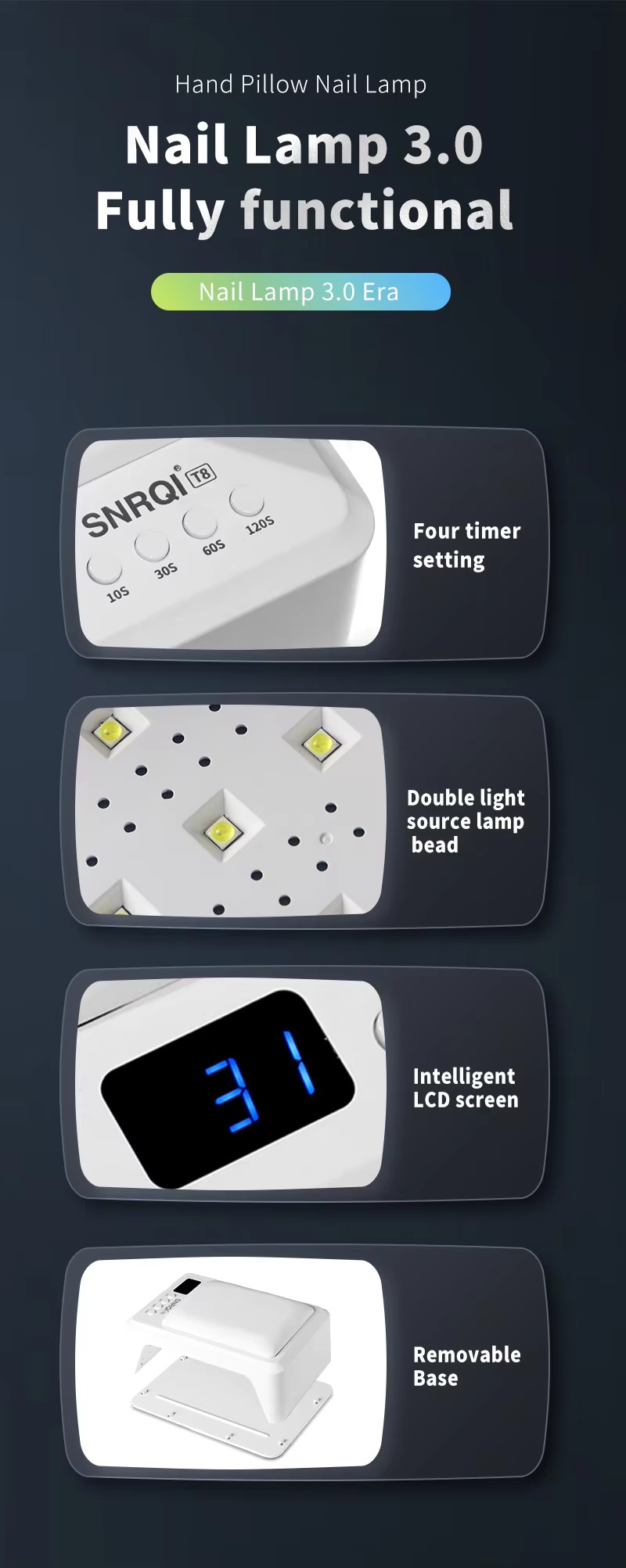 Nail Lamp 3.0 fully functional features: four timer settings, double light source, intelligent LCD screen, removable base