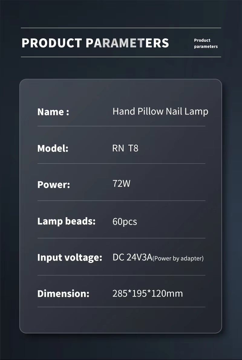 Product parameters for Hand Pillow Nail Lamp showing model RN T8, 72W power, and dimensions